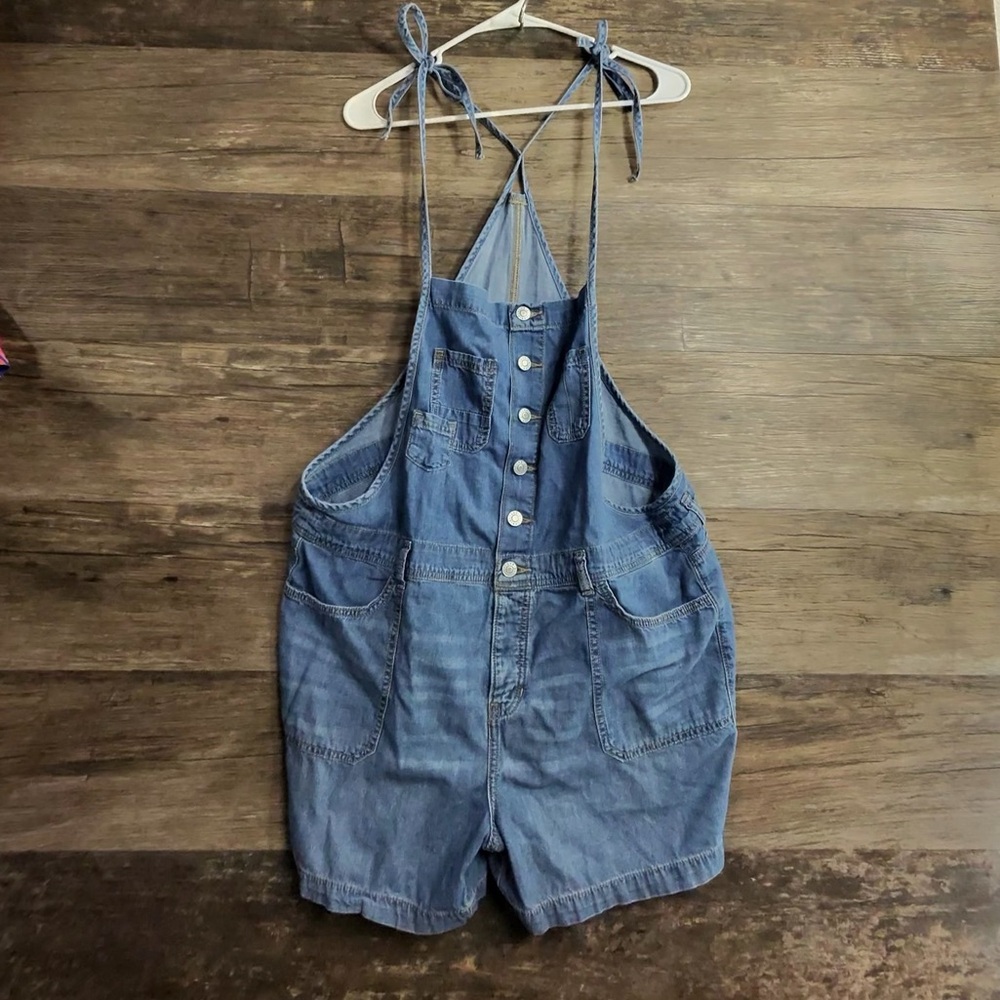 Denim Tie-Shoulder Short Overalls - Blue